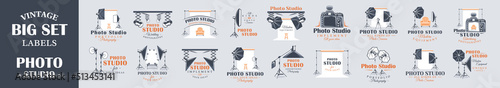 Set of vintage photo studio labels. Templates for the design of logos and emblems. Collection of photo studio symbols: spotlight, flash, backdrop. Vector illustration