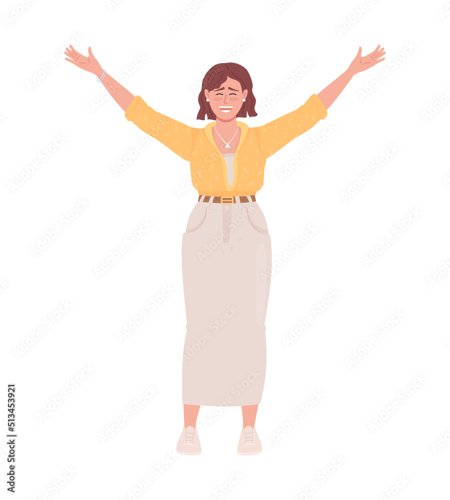 Joyful woman raising up hands semi flat color vector character. Editable figure. Full body person on white. Freedom simple cartoon style illustration for web graphic design and animation Joyful woman raising up hands semi flat color vector character. Editable figure. Full body person on white. Freedom simple cartoon style illustration for web graphic design and animation