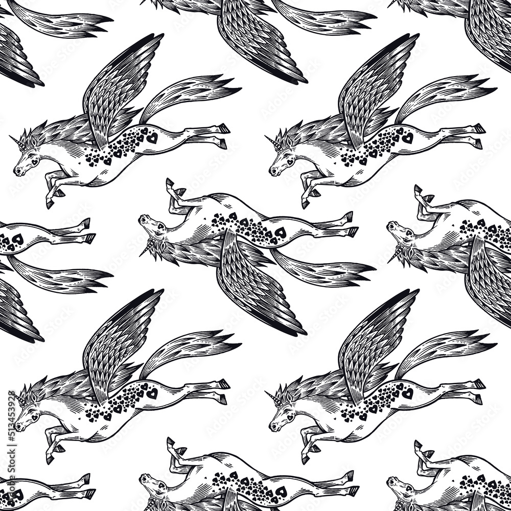 Fototapeta premium Seamless pattern. Unicorn with wings.