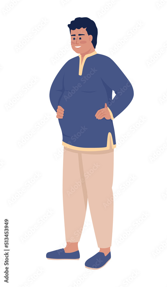 Smiling and satisfied man semi flat color vector character. Editable figure. Full body person on white. Body positive simple cartoon style illustration for web graphic design and animation