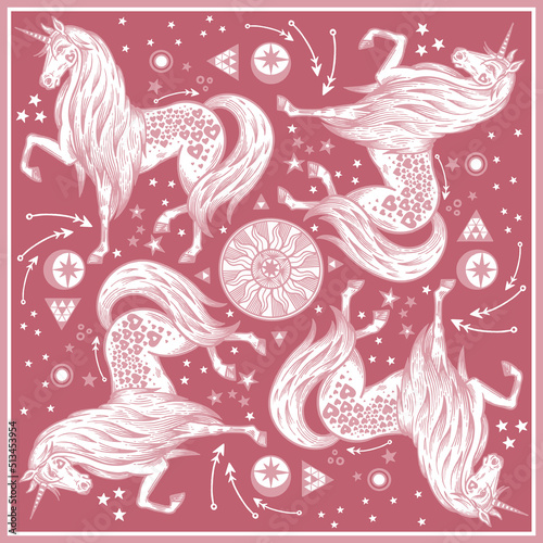 Unicorns. Fantasy Animal pattern. White and red.