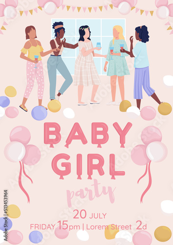 Baby girl party flat vector banner template. Gender reveal holiday poster, leaflet printable color designs. Editable flyer page with text space. Fredoka One, Brusher, Quicksand fonts used