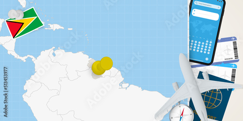 Travel to Guyana concept, map with pin on map of Guyana. Vacation preparation map, flag, passport and tickets.