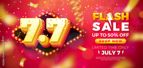 Shopping Day Flash Sale Design with 3d 7.7 Number and Light Bulb Billboard on Red Background. Vector 7 July Special Offer Illustration for Coupon, Voucher, Banner, Flyer, Promotional Poster