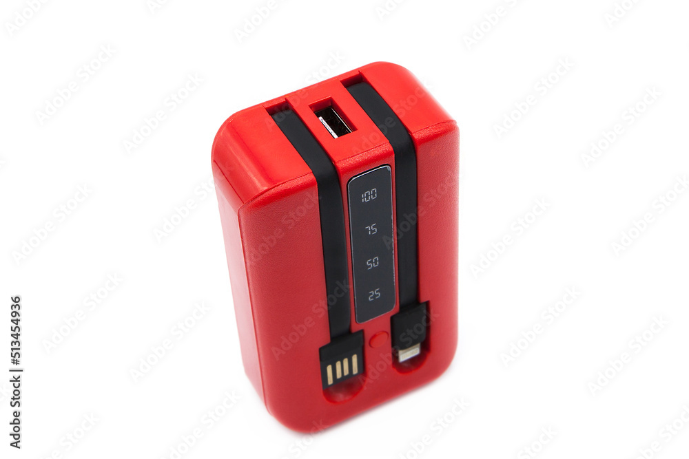 Power Bank of red color isolated on white background.