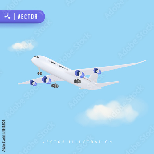 3D Realistic Detailed concept of aircraft Vector Illustration. Flying Airplane for Travelling Design. Commercial Jet Airplane Take Off.