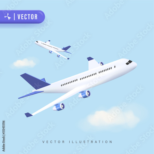 3D Realistic Detailed concept of aircraft Vector Illustration. Flying Airplane for Travelling Design. Commercial Jet Airplane Take Off.