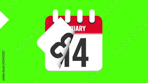 January 18th. Pages dropping from the calendar until January 18th, on green screen background, chroma key