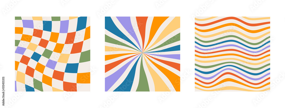 Set of twisted gingham checkerboard, sun rays and waves background in rainbow color. Groovy hippie multicolored chessboard pattern. Retro wavy 60s 70s abstract psychedelic design. Vector illustration.