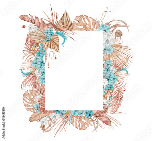 Watercolor tropical frame with dried palm leaves and flowers Hand-painted exotic illustration