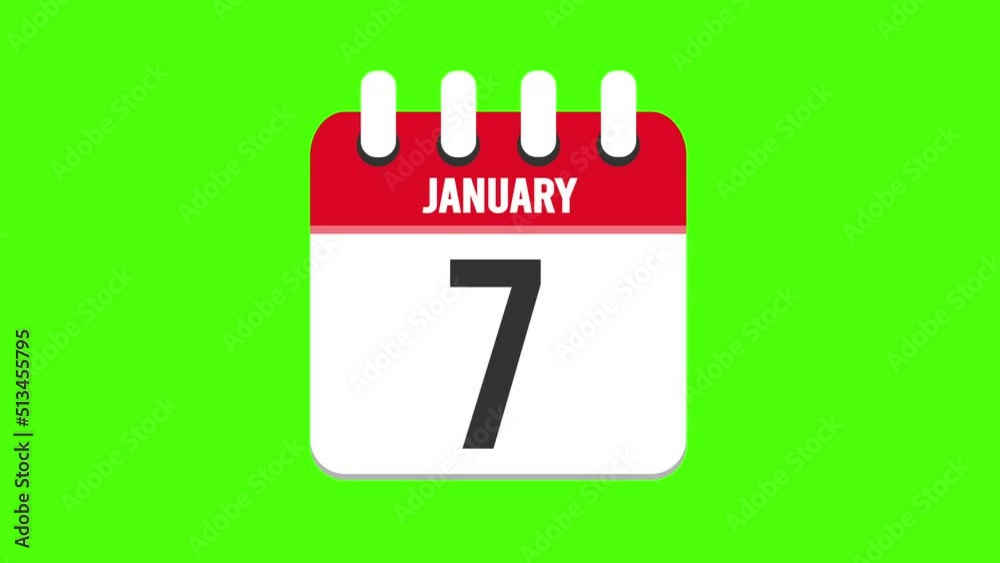 January 7th. Pages dropping from the calendar until January 7th, on green screen background, chroma key January 7th. Pages dropping from the calendar until January 7th, on green screen background, chroma key