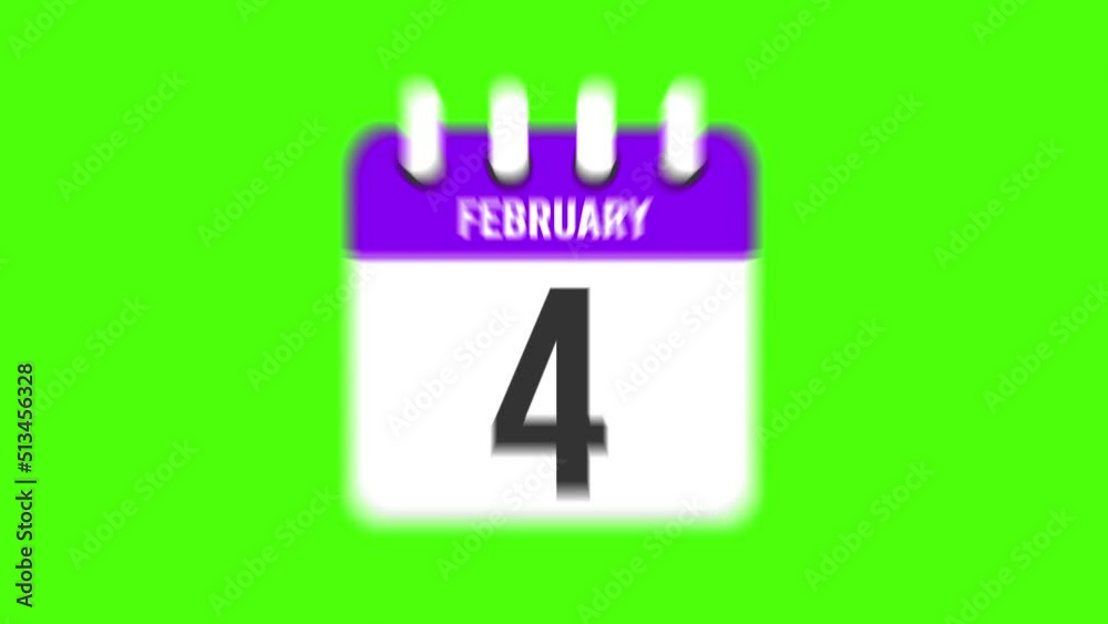 February 4. Calendar appearing, with the pages dropping down to the date february 4. Green background, chroma key February 4. Calendar appearing, with the pages dropping down to the date february 4. Green background, chroma key