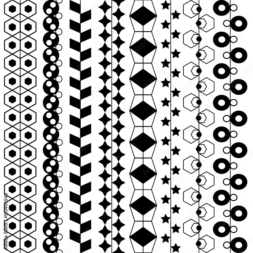 White and black geometric abstract seamless geometric pattern. Stars, circles, rhombus with vertical stripe design for poster, backdrop, template, fabric, textile, texture. EPS10 vector illustration. - obrazy, fototapety, plakaty 