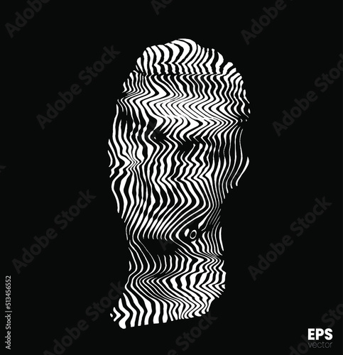 Vector black and white illustration from 3D rendering of female classical head sculpture in wavy deformed line halftone style isolated on black background. photo