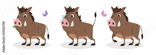 Vector illustration of cute and beautiful boars on white background. Charming characters in different poses eat leaves, get scared,walk happily in cartoon style.