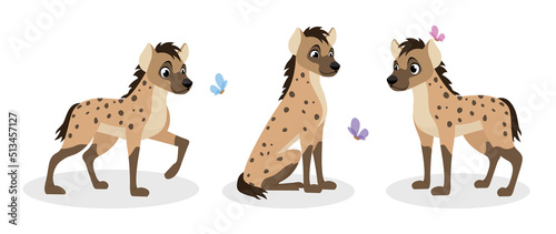 Vector illustration of cute and beautiful hyenas on white background. Charming characters in different poses walk, sit happily and stand in cartoon style.