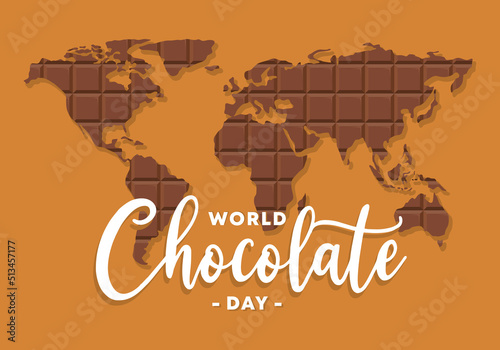 Hand drawn background of happy world chocolate day with world map and hand written text on golden background.