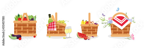 Set of colorful picnic baskets in cartoon style. Vector illustration of baskets with vegetables, fruits, flowers, wine and baguette on white background.