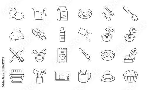 Fotografie, Tablou Baking Mixes doodle illustration including icons - water, muffin ingredient, bowl, dough, egg, whisk, stove, melted butter, spoon, pouch