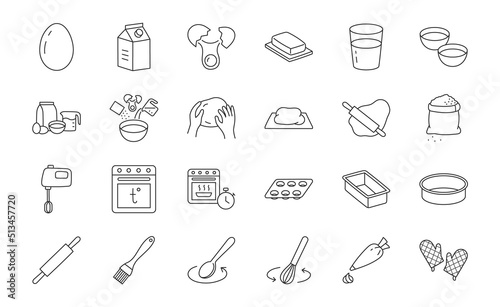 Baking doodle illustration including icons - mixer, glass, preheat oven, form, butter, egg, milk, rolling pin, whisk, confectionery bag, stove. Thin line art about pastry kitchenware. Editable Stroke