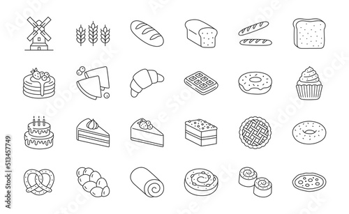 Bakery products doodle illustration including icons - cupcake, croissant, biscuit, bagel, donut, toast, baguette, dessert, cinnamon roll. Thin line art about bread and confectionery. Editable Stroke photo