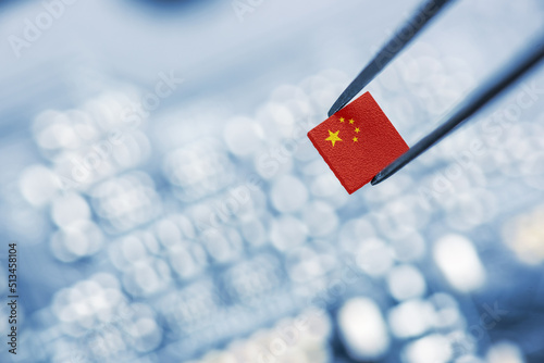 Wall Mural Flag of China on a processor, CPU Central processing Unit or GPU microchip on a motherboard