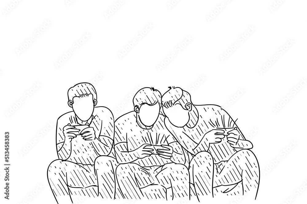 Hand drawn of group of friend playing in living room and looking at smartphone. Vector illustration design