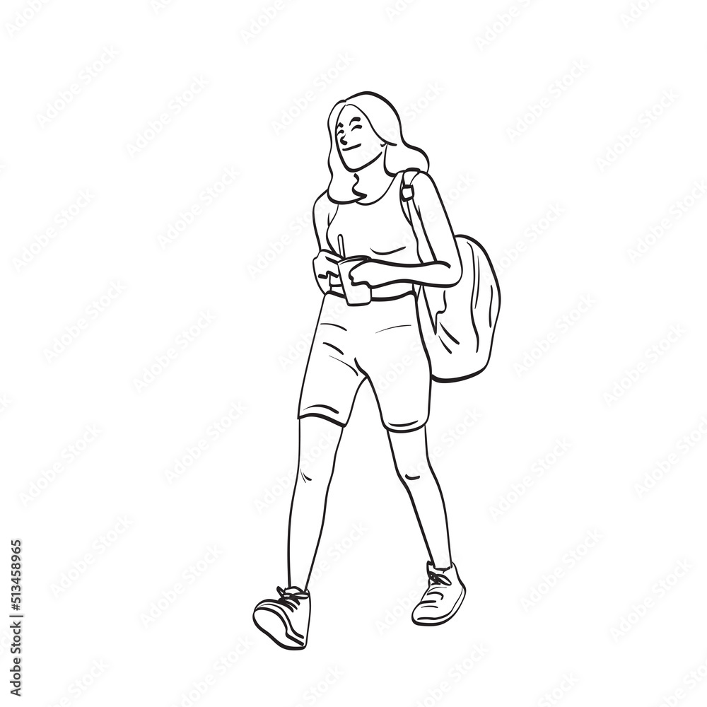 Obraz premium line art full length smiling woman walking with takeaway iced coffee in hand illustration vector hand drawn isolated on white background