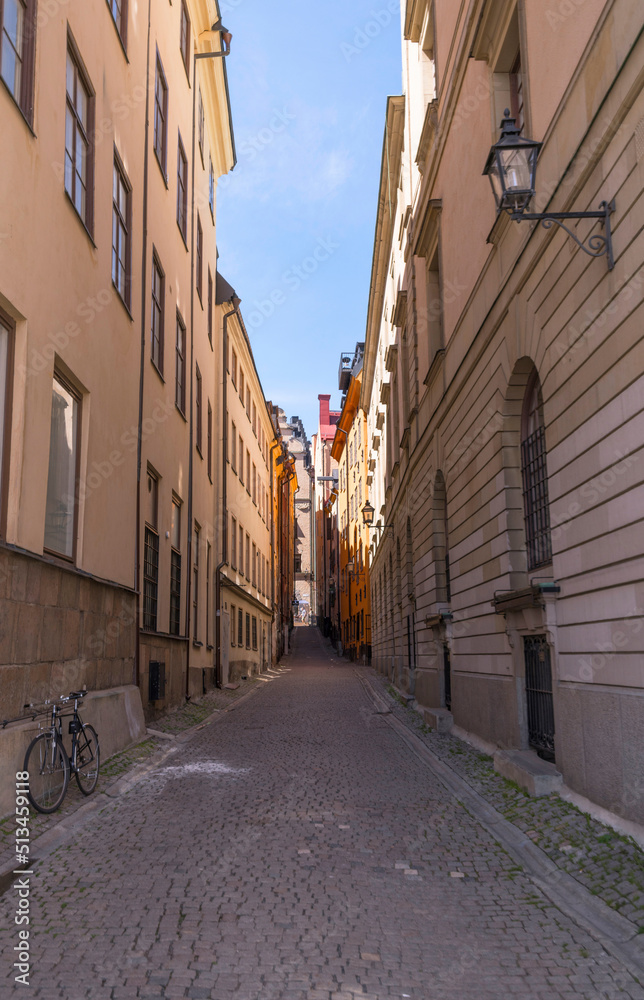 Narrow streets in the old town Gamla Stan a sunny summer day in Stockholm
