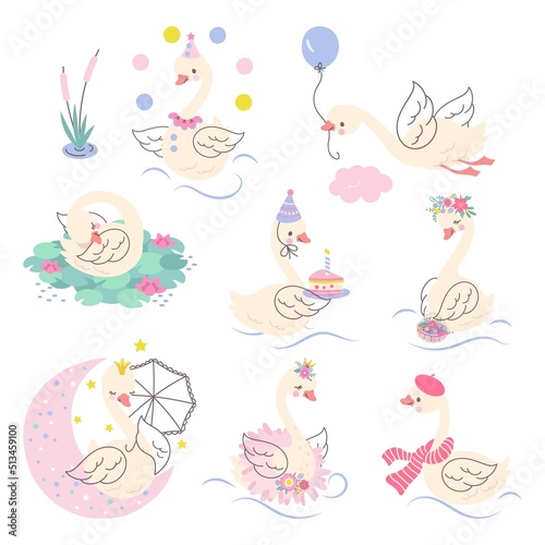 Swan princess. Cartoon swans, vintage watercolor doodle birds and flowers. Cute baby stickers with animal, birthday nursery nowaday vector characters