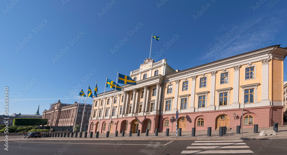 Fototapeta premium The house of the ministry for Foreign Affairs and the parliament building a sunny summer day morning in Stockholm