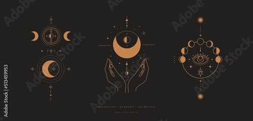 Set of mystical compositions with crescent moon, phases of the moon, stars, hands on dark background. Boho style and esoteric. Ethnic magic and astrological symbols. Vector illustration.