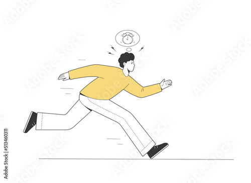 Man is furious and angry, time is running out. Person runs, hurries, wants to make it. Contour illustration