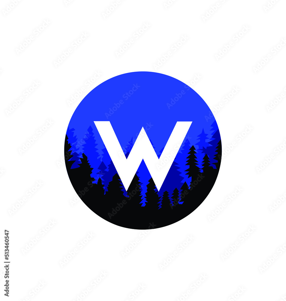 Letter W Logo with Pine Forest, in a trendy style. Isolated on a white background. Vector Illustration. Letter W Logo with Pine Forest, in a trendy style. Isolated on a white background. Vector Illustration.