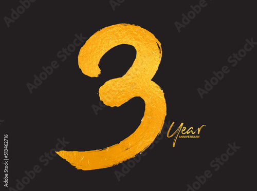 Gold 3 Years Anniversary Celebration Vector Template, 3 Years  logo design, 3th birthday, Gold Lettering Numbers brush drawing hand drawn sketch, number logo design vector illustration