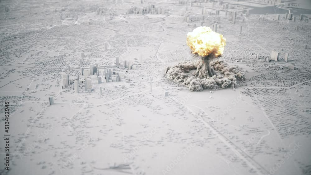 Explosion of a nuclear bomb in the city. Nuclear bomb explosion with a mushroom cloud. Weapon of mass destruction. 3d animation