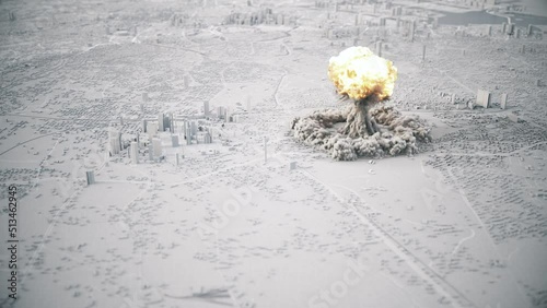 Explosion of a nuclear bomb in the city. Nuclear bomb explosion with a mushroom cloud. Weapon of mass destruction. 3d animation