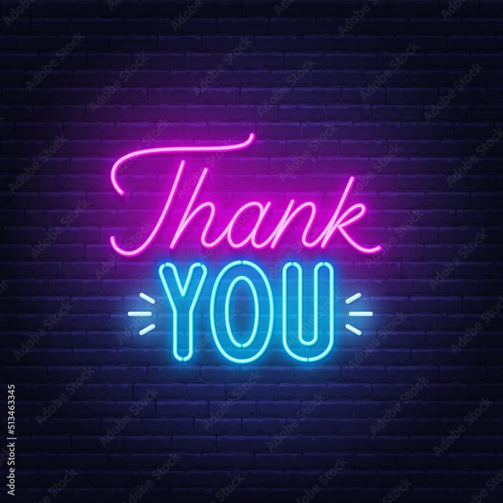 Thank You neon sign on brick wall background.
