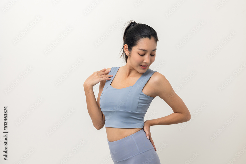 Happy Young beautiful asian woman with sportswear on isolated white background. Portrait sporty woman standing pose exercise workout in studio. Happy Young beautiful asian woman with sportswear on isolated white background. Portrait sporty woman standing pose exercise workout in studio.