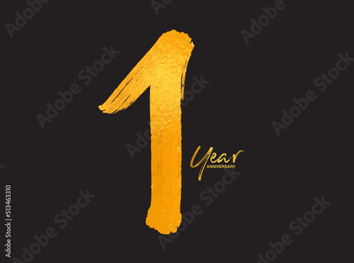 Gold 1 Years Anniversary Celebration Vector Template, 1 Years  logo design, 1th birthday, Gold Lettering Numbers brush drawing hand drawn sketch, number logo design vector illustration photo