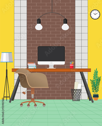 Stylish modern room for operating computer at the home. Vector illustration. 