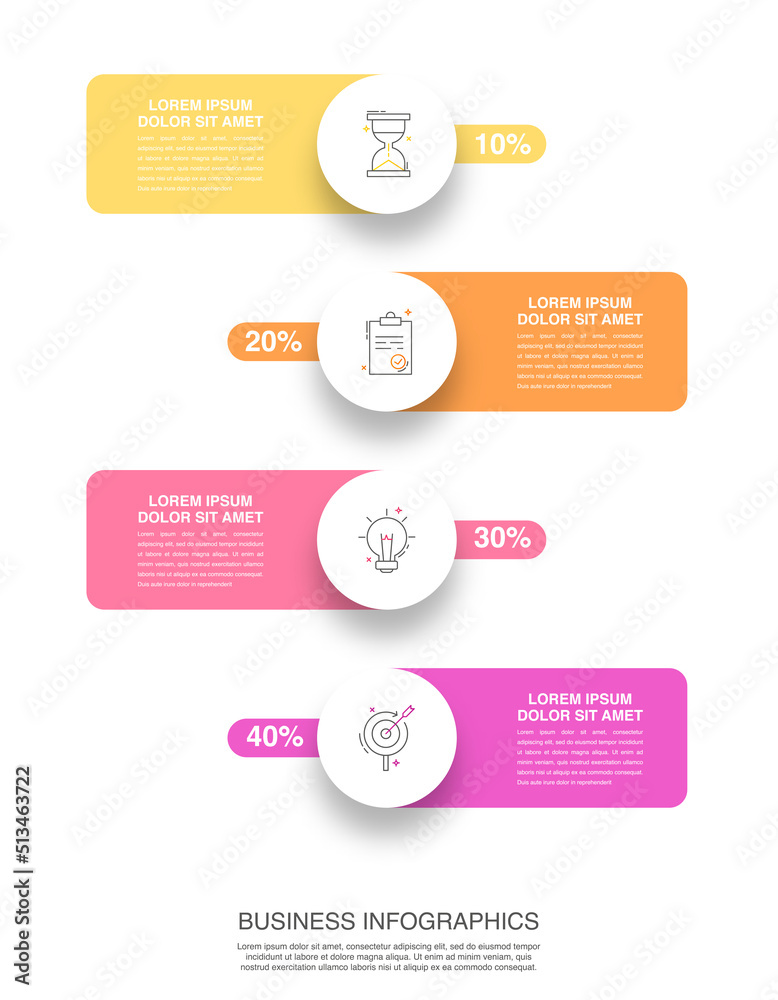 Vector timeline infographic design with circles and labels. Business colorful template with four steps.