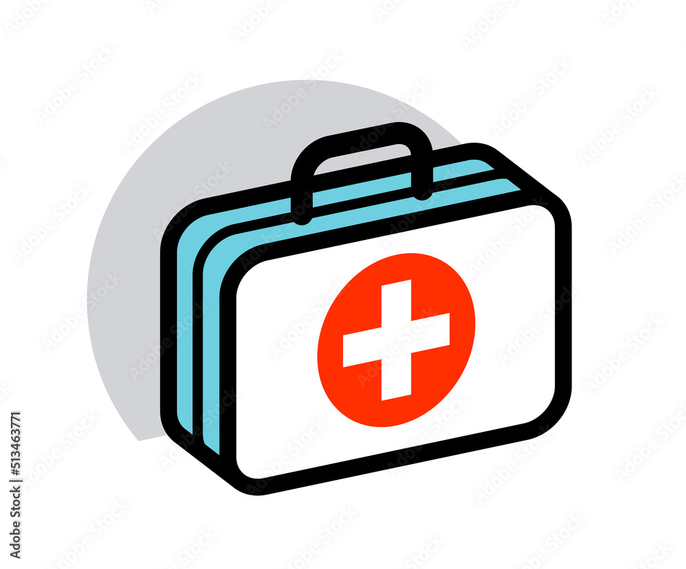 Obraz premium First aid medical kit vector illustration isolated on white background, doctor fast help or vaccination concept, emergency accident assistance.