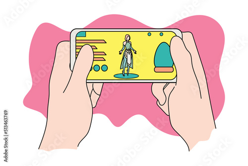Hand holding a mobile phone playing role playing game. Flat design photo