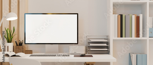 canvas print motiv - bongkarn : Modern home office workspace interior design with pc computer mockup and stuff over white wall