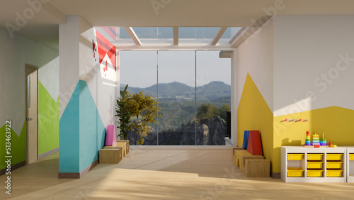 Fotografi Beautiful modern colourful kindergarten classroom or kid nursery playroom interior with decor