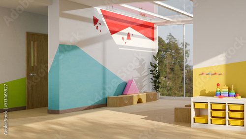 Comfortable kids playroom or kindergarten nursery interior design with kid toys and play space.
