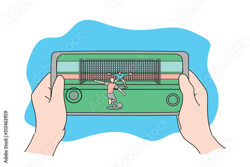 Hand holding a gadget smartphone playing football sport mobile game. Flat design