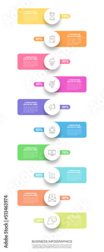 Vector timeline infographic design with circles and labels. Business colorful template with 10 steps.