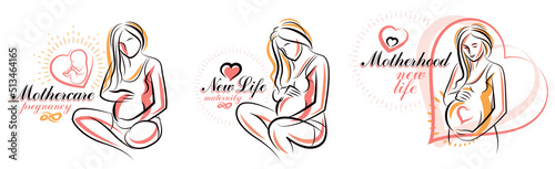 Pregnant woman vector hand drawn illustrations set isolated on white background, prenatal pregnancy baby shower theme, beautiful female motherhood new life.